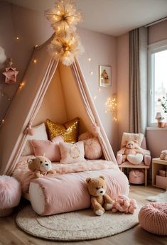 a child's bedroom decorated in pink and gold with teddy bears on the floor