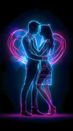 two people standing next to each other in the dark with neon lights on them and one person kissing