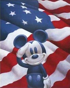 a painting of a mickey mouse standing in front of an american flag