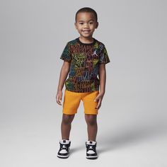 This set is as comfy for kids on the go as it is for when those same kids want to cool down. The graphic tee is made of cotton jersey fabric and has a tagless crewneck for an easy feel and the matching French Terry shorts have a stretch waistband for a fit that's just right. Playful Sports T-shirt For Summer, Sporty Cotton T-shirt For Playwear, Casual Letter Print T-shirt For Play, Casual T-shirt With Letter Print For Play, Sporty Orange T-shirt For Summer, Playful Orange Tops For Playwear, Orange Summer Playwear Tops, Orange Summer Tops For Playwear, Playful Orange Summer T-shirt