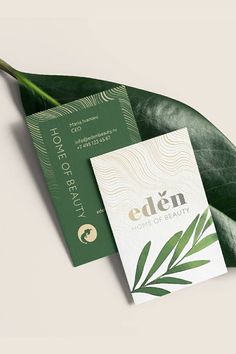 two green business cards sitting on top of a large leafy plant next to each other