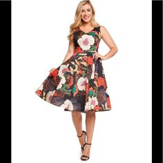 Pretty Floral Day Dress Brings Freshness And Color To Our Elegant Fit-And-Flare Dress In Waist-Narrowing Tailoring For A Flattering Silhouette. Dress To Impress. Made In Usa Pockets Zipper In Back Sleeveless V-Neckline In Front And Back Full Skirt Falls At Knee | Size Medium Is 41 Inches From Shoulder To Hem, Bust 36”, Waist 30”. Material Information: 97% Cotton, 3% Spandex 15% Off On Three Or More Listings, Message Me First. Black V-neck Dress With Rose Print, Casual Floral Print Dress With Full Skirt, Pleated Skirt Fall, Knee Length Lace Dress, Yellow Lace Dresses, Silhouette Dress, Umgee Dress, Pockets Design, Cashmere Dress