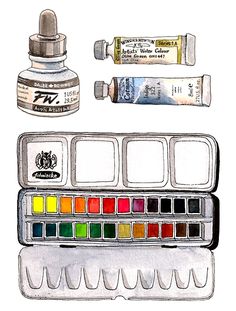 watercolors and paint tubes are arranged on a white background