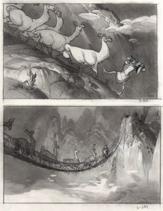 two drawings of people crossing a bridge with animals on the other side and horses running across it