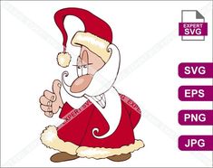 santa claus is pointing to the side with his right hand and wearing a red suit