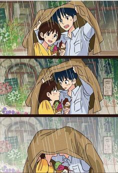 an anime scene with two people in the rain and one person holding an umbrella over their head