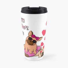 a travel mug with a dog wearing sunglasses and hearts on the side, says happy valentine's day