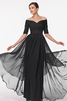 Off the Shoulder Black Chiffon Bridesmaid Dresses Elbow Sleeves Formal Off-shoulder Chiffon Evening Dress, Black Floor-length Chiffon Dress For Prom, Black Bridesmaid Evening Dress, Black Chiffon Evening Dress For Prom, Luxury Black Bridesmaid Dress For Prom Season, Black Chiffon Prom Dress, Flowy Black Chiffon Dress For Wedding, Black Sweetheart Neckline Bridesmaid Dress, Evening Gown With Sleeves