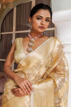 Gold saree with zari floral stripe woven motifs. Comes with unstitched blouse piece. - Aza Fashions Gold Saree, Buy Gold, Floral Stripe, Blouse Piece, Aza Fashion, Jaipur, Saree, For Women, Floral