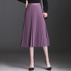 Lasaky - Simple and Elegant Pleated Silver Thread A-line Skirt with Sweet Elastic Waistband Spring A-line Pleated Skirt With Elastic Waistband, Casual Purple Skirt For Winter, Non-stretch Purple Skirt For Spring, Spring Non-stretch Purple Skirt, Purple Non-stretch Skirt For Spring, Spring Purple Pleated Skirt, Spring Trendy A-line Pleated Skirt, Fall Purple Midi Skirt, Trendy Purple Skirt For Fall