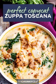 the best copycat zuppa toscana soup is in a white bowl with spinach and cheese