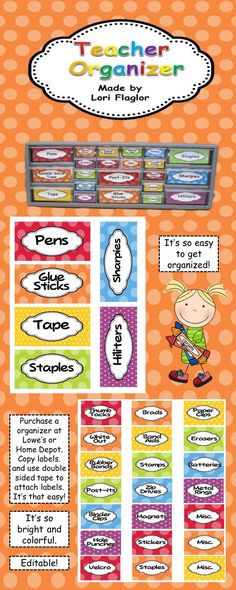 the teacher's organizer with labels and stickers on an orange polka dot background