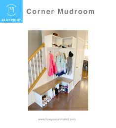 the corner mudroom is filled with coats and shoes