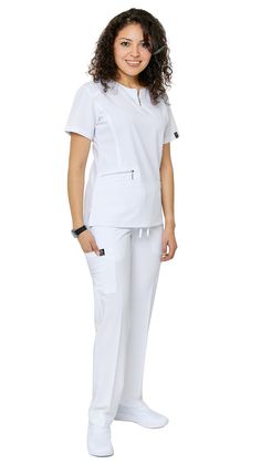 Be ready to impress the second you put on Dress A Med's Soft Stretch Silver Zipper scrub set. This 2 piece uniform scrubs set is ultra-flattering with its accent silver zipper neckline. You'll be sure to show off your figure while still maintaining your trusted and professional image. This uniform soft stretch scrubs set is made to be dazzling as you are with its accentuating double stitch lines. The scrub top is modern yet ultra-useful with a zipper compartment and 2 large pockets. The straight Nurses Dress Uniform Style, Nurse Uniform Modern White, Nurses Uniform Modern, White Nurse Dress, Nurse Dress, Nurse Dress Uniform, Scrubs Nursing Uniforms, White Scrubs, Medical Scrubs Outfit