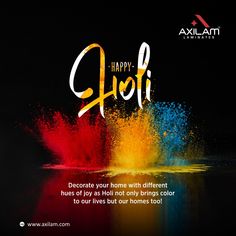 an advertisement for holi festival with colorful powder in the air and text happy holi