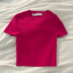 Hot Pink, Knit, Worn Maybe Once So Basically Brand New Fitted Pink Textured Knit Top, Fitted Textured Knit Pink Top, Zara Fine Knit Crew Neck Top, Zara Crew Neck Fine Knit Tops, Zara Fitted Crew Neck Knit Top, Casual Fine Knit Zara Tops, Zara Textured Knit Stretch Tops, Pink Knit Zara Tops, Zara Pink Knit Tops