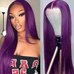 PRICES MAY VARY. 【Hair Details】: 24inch 13x3 Lace Front Wig, dark purple color, pre plucked, natural hairline. 【Hair Feature】: Similar human hair, light weight, soft smooth, easy to knot, heat resistant synthetic fiber hair up to 350°F - 370°F. 【Wigs Cap】Average cap size, from 21" to 23", high quality elastic net. 2 adjustable straps and 3 combs(2 sides &back). 【Use Occasion】:Dressing up to comiccon, cosplay show, halloween, costume party,anime show, cosplay event and daily use and any other occ Dark Purple Wigs, Purple Lace Front Wig, Purple Lace Front, Purple Hair Extensions, Purple Wigs, Comiccon Cosplay, Colorful Wig, Hair Details, Sew In Hairstyles