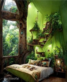 a bedroom with green walls and plants growing on the wall above the bed, along with a spiral staircase leading up to the second floor