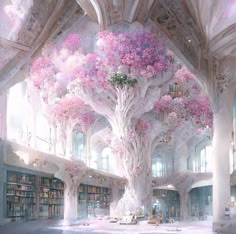 an artistic rendering of a tree in a library