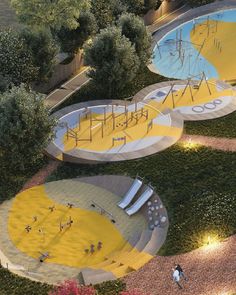 an artist's rendering of a playground in the middle of a park with children playing on it