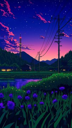 a painting of purple flowers and power lines in the background at night with pink clouds