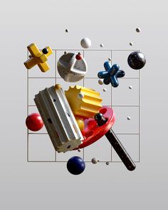 several objects are floating in the air on a gray background with squares and dots around them