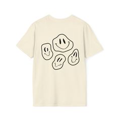 "Black smiley face t-shirt | Acid House | Melting Happy Face T-Shirt | Motivational Shirt | Retro Graphic Tee | Gift For BFF | Unisex Shirt 100% Cotton, Good vibes t-shirt tee Hey, guess what? \"Happyish\" is not just a feeling like when you eat your favorite ice cream; it's a cool way to look at life! And guess what again? You can actually wear this awesome idea with our super-duper comfy t-shirt. The shirt has these super cool smiley faces that are kinda melting. It's like saying, \"Hey, life's not perfect, but that's okay!\" Now, let's talk about how comfy this shirt is!   This shirt feels amazing because it's made of something really soft called 100% ring-spun cotton. But hey, if you pick a grey shirt or a shirt that has a heather color, don't worry! Those shirts are made of a mix of c Funny White T-shirt With Smiley Face, White Graphic Tee With Smiley Face, White Smiley Face Graphic Tee, Relaxed Fit Graphic Tee With Cartoon Print, Smiley Face Graphic Tee With Short Sleeves, Cotton Top With Smiley Face For Streetwear, Cotton Smiley Face Graphic Tee, Fun Relaxed Fit T-shirt With Smiley Face, Relaxed Fit Smiley Face T-shirt