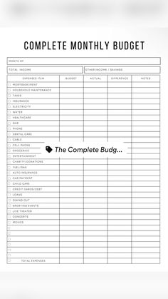 the complete budget worksheet is shown in black and white, with an arrow pointing to