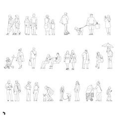 a line drawing of people standing and sitting