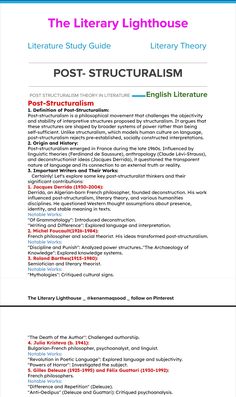 the literature study guide for post - structuralism, with text and pictures on it