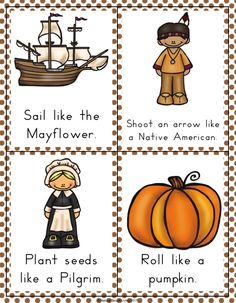 four cards with pictures of pumpkins and other things to describe in the poem,