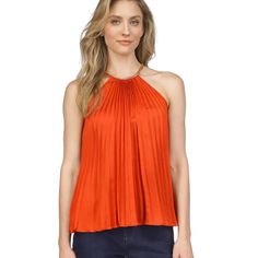 Brand New Size Small Michael Kors Top With Chain Neckline Color Is Terracotta Something Like A Mix Between Crimson Red And Burnt Orange. Great For Fall And The Holidays Silk/Polyester Like Material Red Halter Neck Tank Top For Spring, Casual Orange Sleeveless Halter Top, Chic Orange Sleeveless Top, Chic Sleeveless Orange Top, Elegant Orange Summer Top, Elegant Orange Summer Tops, Chic Orange Sleeveless Blouse, Orange Sleeveless Top For Night Out, Orange Halter Neck Tank Top For Spring