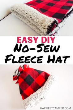 an easy diy no sew fleece hat with text overlay that says easy diy no sew fleece hat