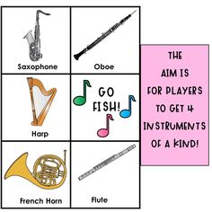 four squares with different musical instruments and words in pink, green, blue, white