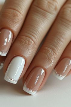 French Manicures With A Twist, Nails With White Dress, Simple Nail Art White, Nails Design French Tip Ideas, Bridal Nails Simple, White Nails Wedding, White On White French Manicure, Wedding Nails Elegant, Nail Manicure Ideas