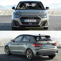 the front and back view of an audi car in two different pictures, one is silver