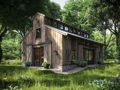 an artist's rendering of a small house in the middle of some grass and trees