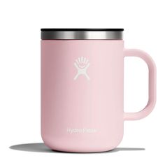 a pink coffee mug with the word hydro flask printed on it