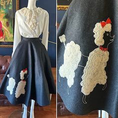 Authentic Vintage 1960s Poodle Skirt With Stone Details On The Collar, Eye, And Hair Bow Of The Poodle. Dark Gray. Heavy Felt-Like Material. Button And Metal Zip Side. Petticoat Not Included. Blouse Is Selling In Separate Listing. Xs Bit Can Be Tailored To Fit Larger. Don’t Hesitate To Buy This Iconic Piece Of History! One Mark On Stitching As Photographed. The Poodle Has A Boucle-Type Embroidery. Waist 11.5” Length 30.5” Poodle Skirts, Poodle Skirt, Circle Skirt, Every Girl, Vintage Skirt, Petticoat, Vintage Ladies, Hair Bows, Womens Skirt