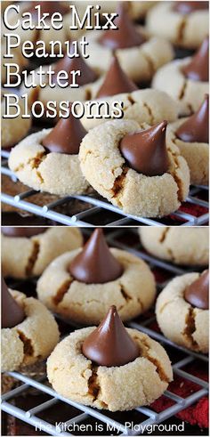 two pictures of peanut butter blossoms with chocolate on top