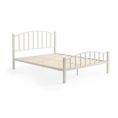 a white bed frame with wooden slats on the bottom and foot board, in front of a white background