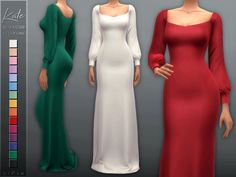 three different colored dresses with long sleeves on the shoulders and sides, one in red, one in green