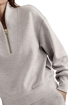 Get into your flow in this lightweight sweatshirt featuring woven two-way-stretch fabric and a quarter-zip placket. 22 1/2" length (size Medium) Stand collar 72% viscose, 23% polyester, 5% elastane Machine wash, dry flat Imported Work Dress Code, High Waisted Black Leggings, Clothing Details, Quarter Zip Sweatshirt, Sport Dress, Neutral Outfit, Pants And Leggings, Color Ivory, Zip Sweatshirt