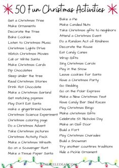 the 50 fun christmas activities list is shown in red, green and white with lights on it