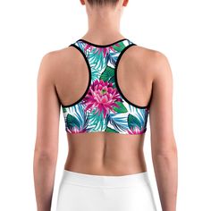 This gorgeous sports bra is made from moisture-wicking material that stays dry during low and medium intensity workouts. The bra has support material in the shoulder straps, double layer front, and a wide elastic band to ensure constant support. Summer Racerback Sports Bra With Built-in Padding, Summer Sports Bra With Built-in Padding And Racerback, Sporty Sports Bra With Built-in Padding For Summer, Sports Racerback Bra, Sports Bra With Built-in Padding And Racerback, Functional Sports Bra With Built-in Padding For Summer, Summer Racerback Sports Bra For Sports, Summer Sports Racerback Sports Bra, High Stretch Sports Bra With Built-in Padding For Summer