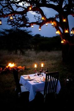 an outdoor dinner table with candles lit up in the night sky and surrounded by trees