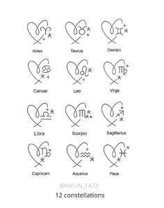 twelve zodiac signs in the shape of hearts with names and symbols for each zodiac sign