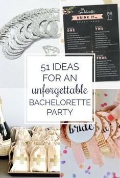 there is a collage with different items in the photo and text that reads, 51 ideas for an unforgettable bachelor bachelor party