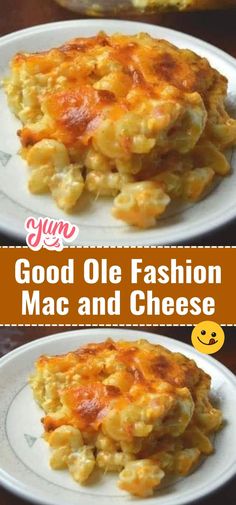 two plates filled with macaroni and cheese on top of each other, next to the words good olee fashion macaroni and cheese