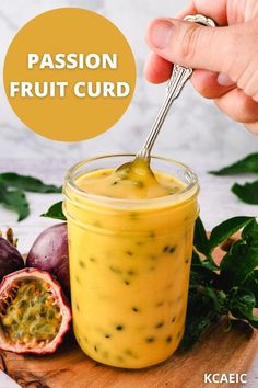 A jar of passion fruit curd on a wooden board with fresh passionfruit and passion fruit leaves in the background. Passionfruit Curd Recipe, Fresh Passion Fruit Recipes, Passion Fruit Honey Puree Recipes, Passion Fruit Curd Recipe, Passion Fruit Dressing, Passion Fruit Bars, Passionfruit Butter, Passion Fruit Dessert